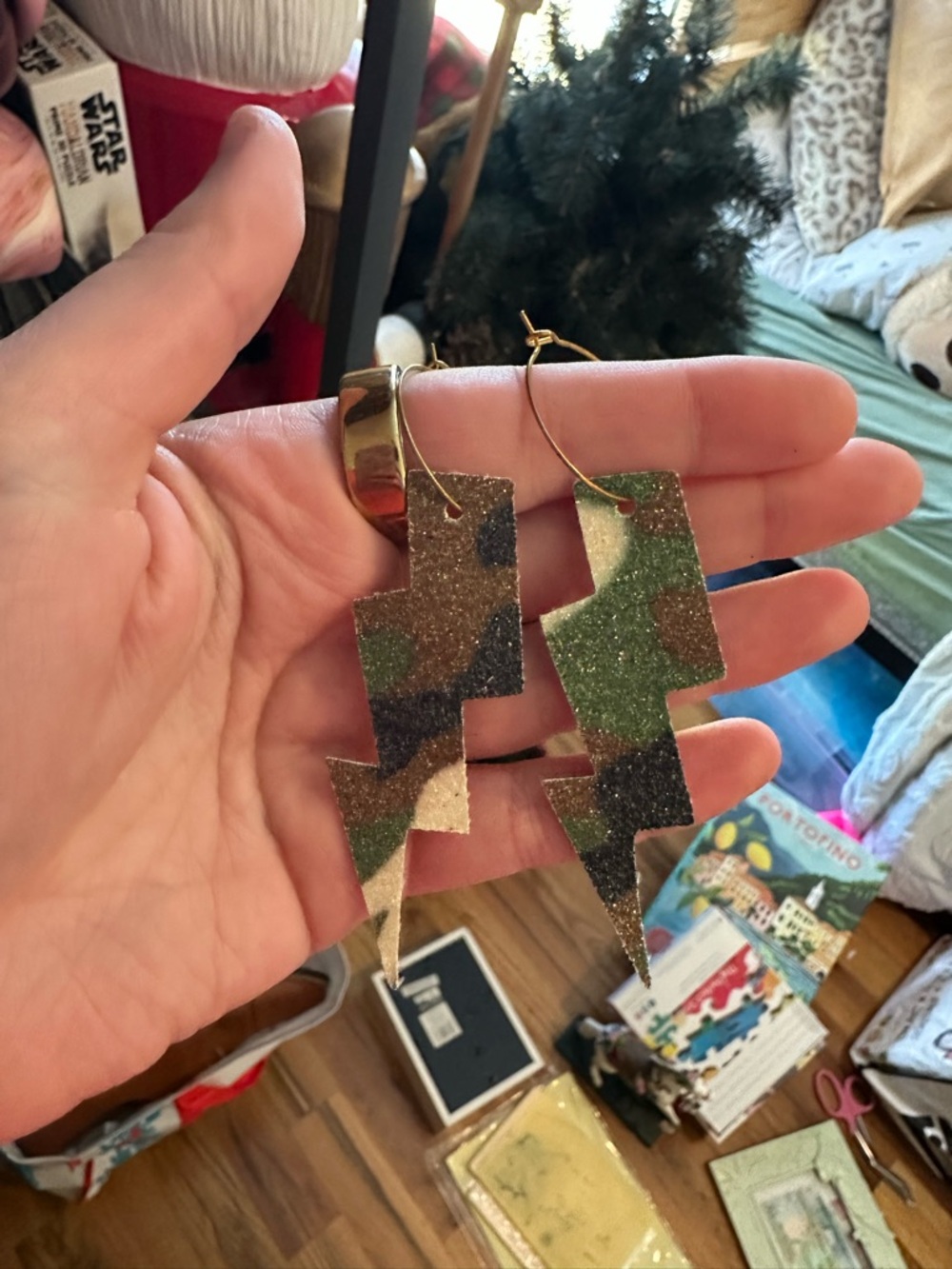 Camouflage Glitter Lightning Bolt Hoop Earrings